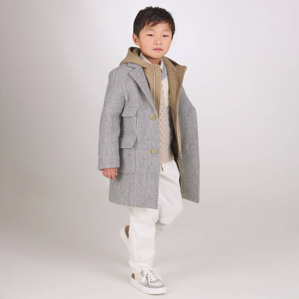 Eleventy-Boys Grey Herringbone Wool Coat with Beige Layering Detail | Childrensalon Outlet