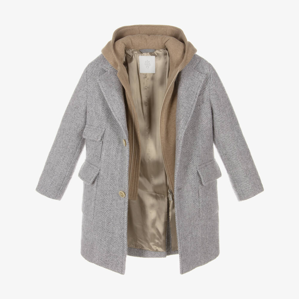 Eleventy-Boys Grey Herringbone Wool Coat with Beige Layering Detail | Childrensalon Outlet