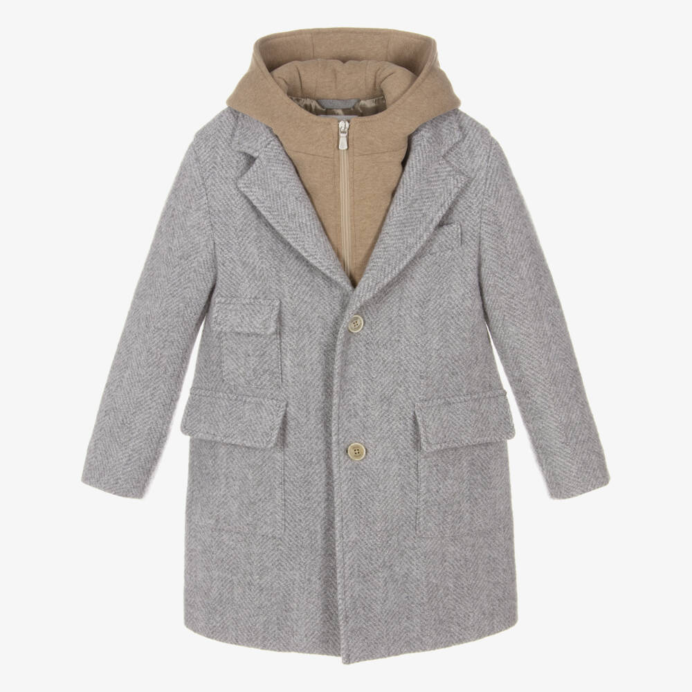 Eleventy-Boys Grey Herringbone Wool Coat with Beige Layering Detail | Childrensalon Outlet
