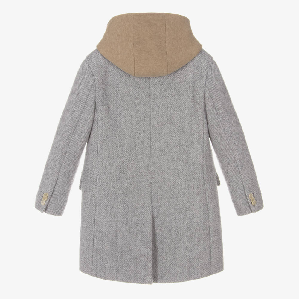 Eleventy-Boys Grey Herringbone Wool Coat with Beige Layering Detail | Childrensalon Outlet