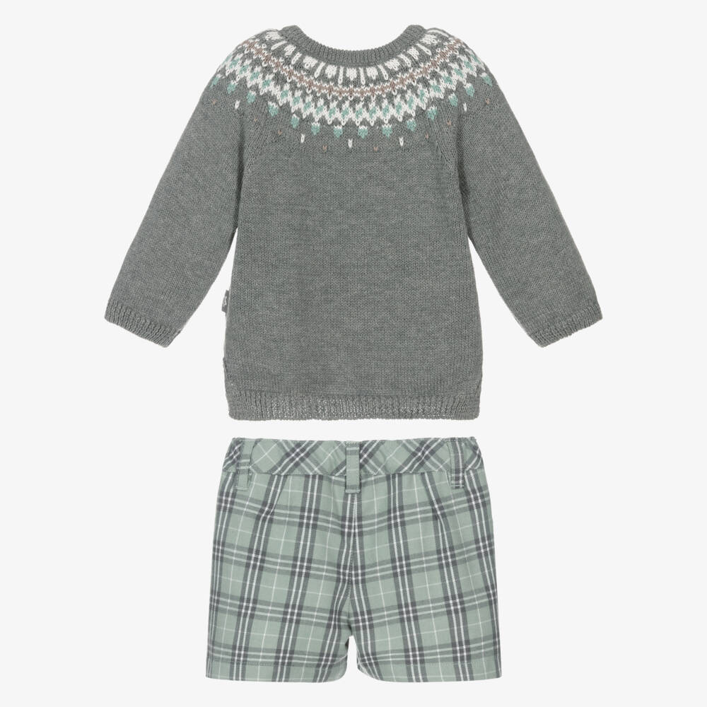 Tutto Piccolo-Boys Grey Jumper & Green Check Shorts Set | Childrensalon Outlet