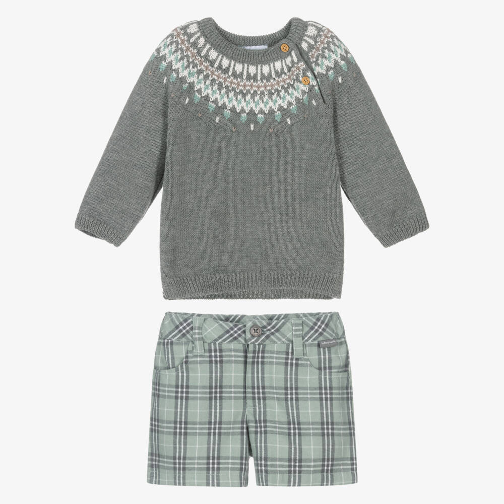 Tutto Piccolo-Boys Grey Jumper & Green Check Shorts Set | Childrensalon Outlet