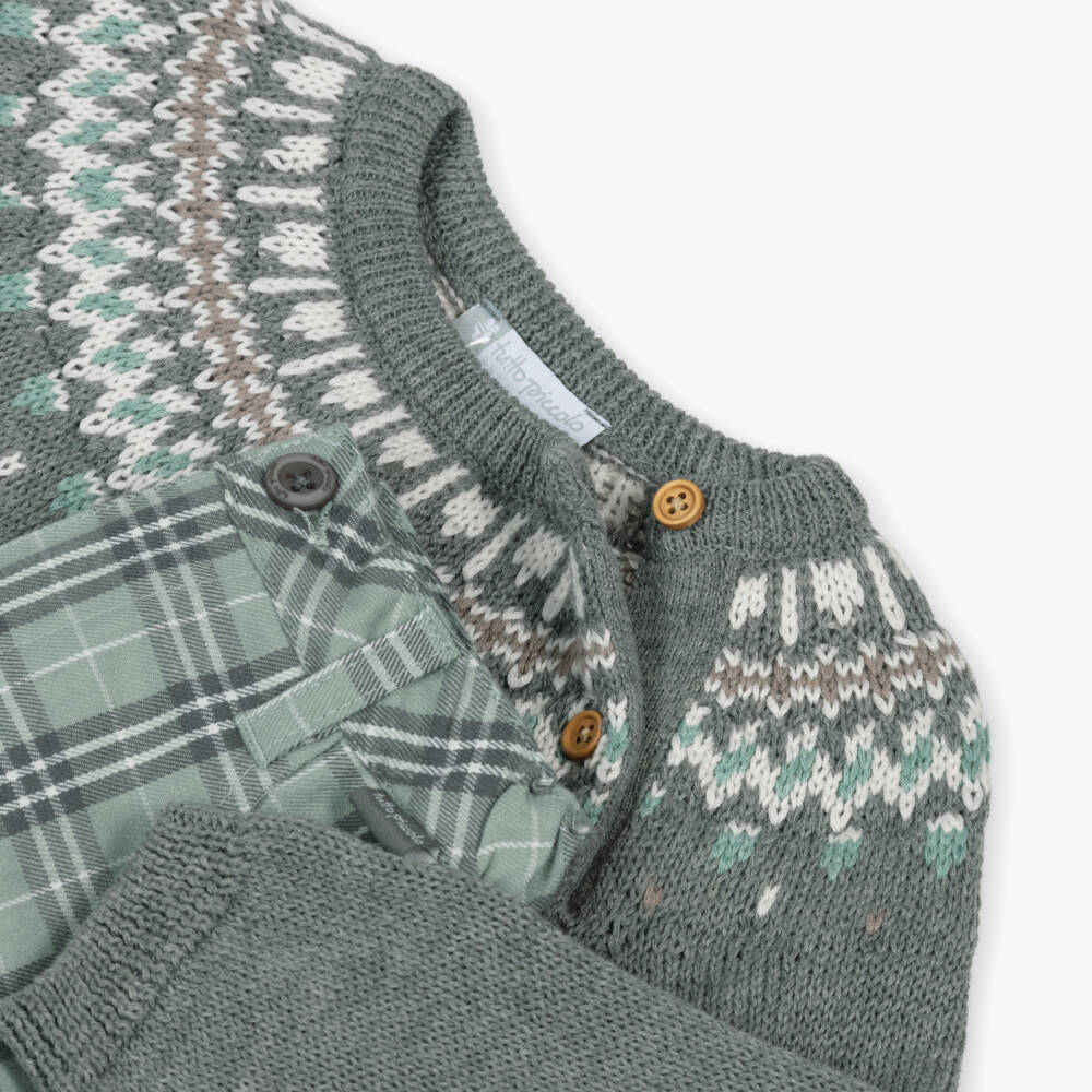 Tutto Piccolo-Boys Grey Jumper & Green Check Shorts Set | Childrensalon Outlet