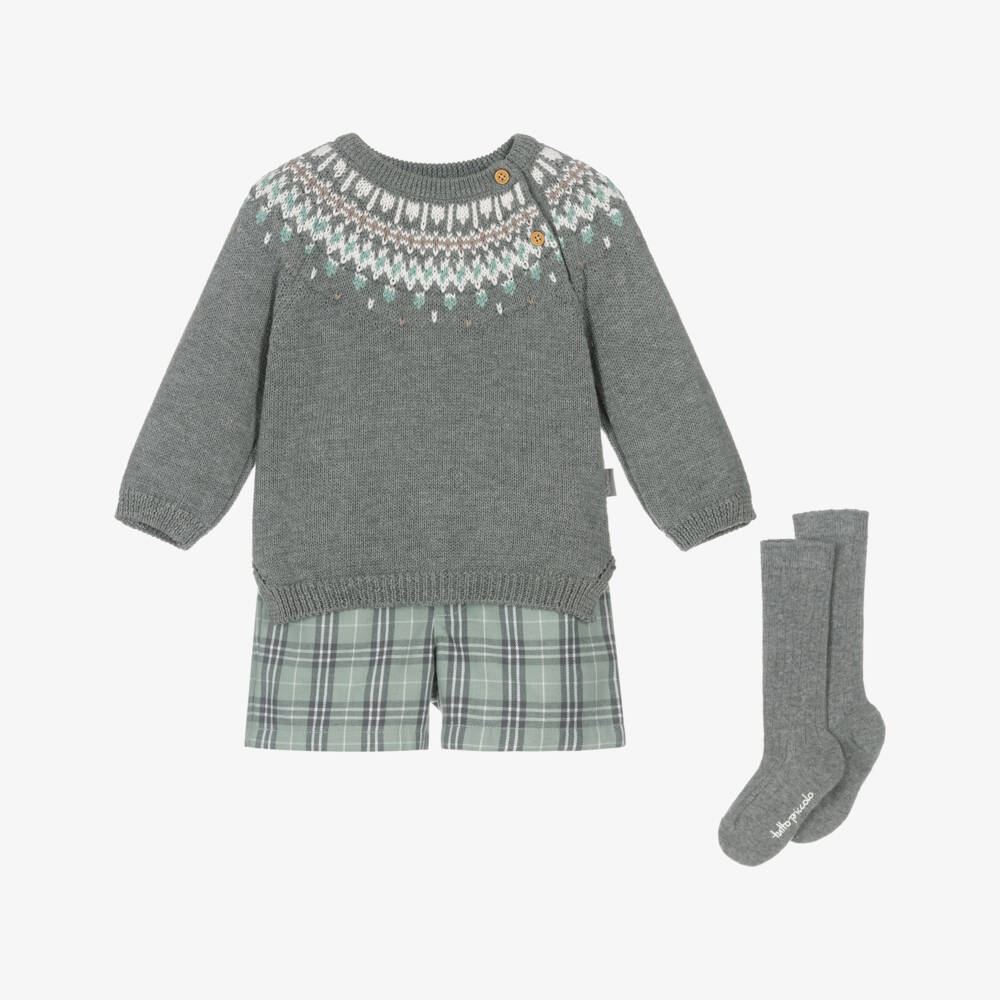 Tutto Piccolo-Boys Grey Jumper & Green Check Shorts Set | Childrensalon Outlet
