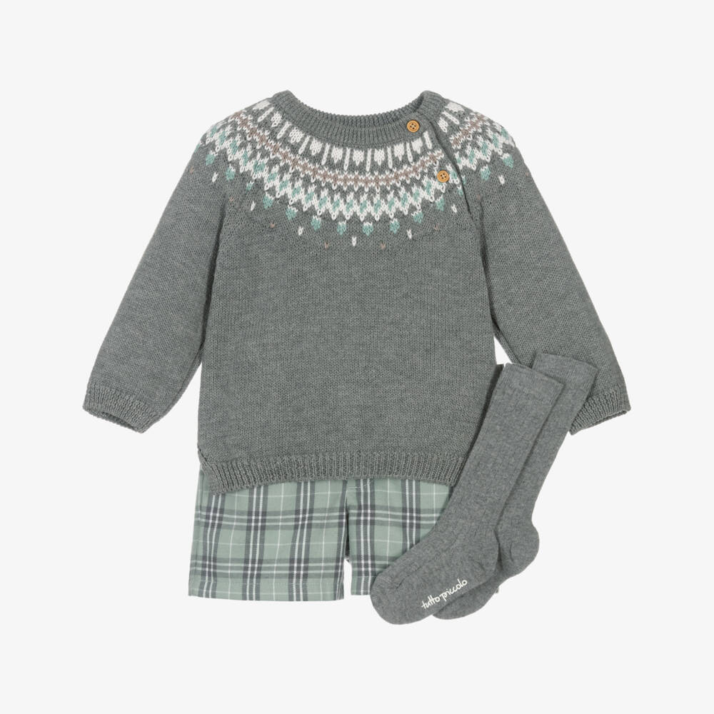 Tutto Piccolo-Boys Grey Jumper & Green Check Shorts Set | Childrensalon Outlet