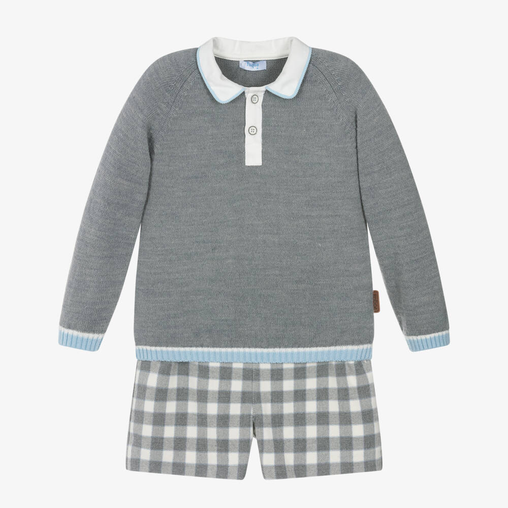 Foque-Boys Grey Knitted Sweater & Checked Shorts Set | Childrensalon Outlet