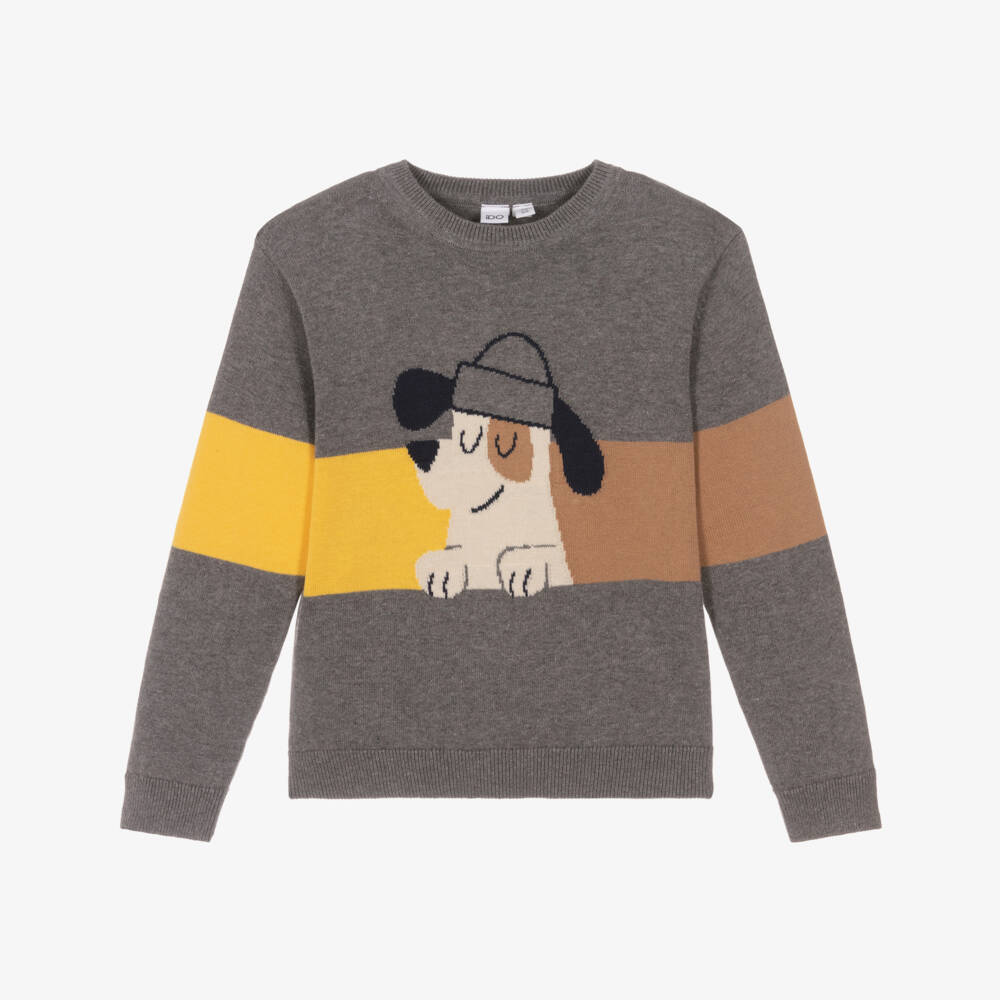 iDO-Boys Grey Marl Cotton Sweater with Intarsia Dog | Childrensalon Outlet