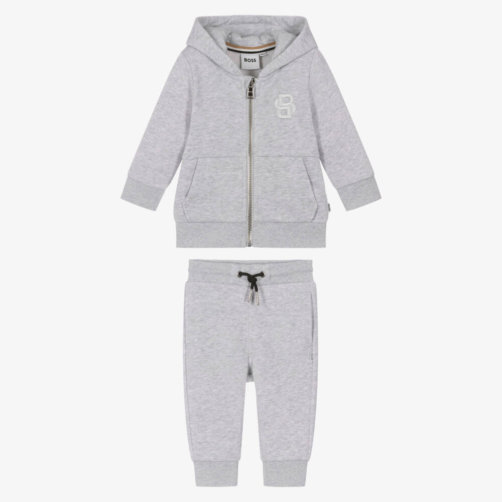 BOSS-Boys Grey Marl Cotton Tracksuit with Double B Monogram Logo | Childrensalon Outlet