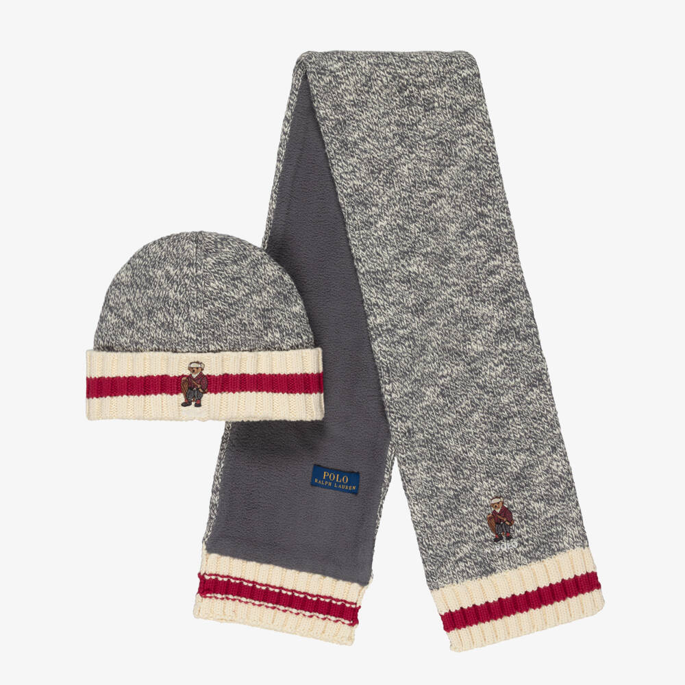 Ralph Lauren-Boys Grey Marl Polo Bear Cotton Knit Hat & Scarf Set | Childrensalon Outlet