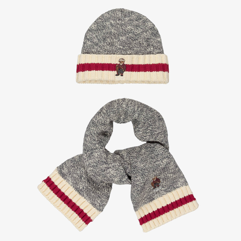 Ralph Lauren-Boys Grey Marl Polo Bear Cotton Knit Hat & Scarf Set | Childrensalon Outlet