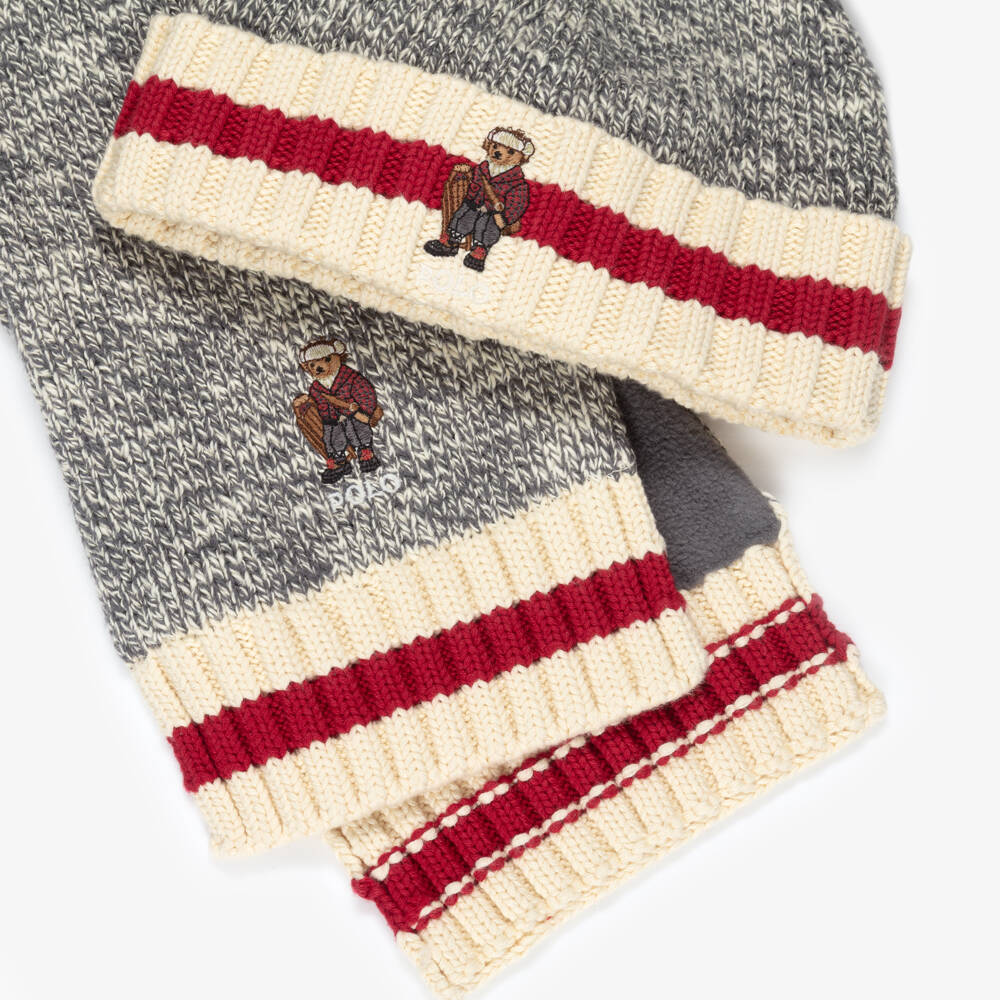 Ralph Lauren-Boys Grey Marl Polo Bear Cotton Knit Hat & Scarf Set | Childrensalon Outlet