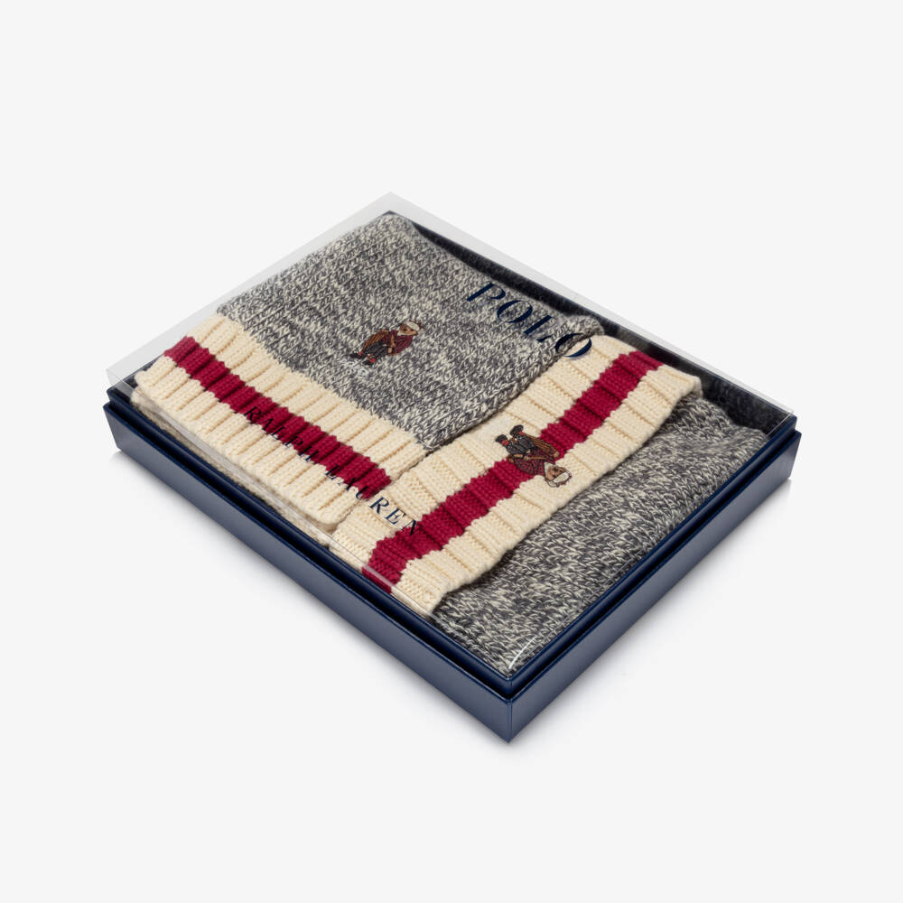 Ralph Lauren-Boys Grey Marl Polo Bear Cotton Knit Hat & Scarf Set | Childrensalon Outlet