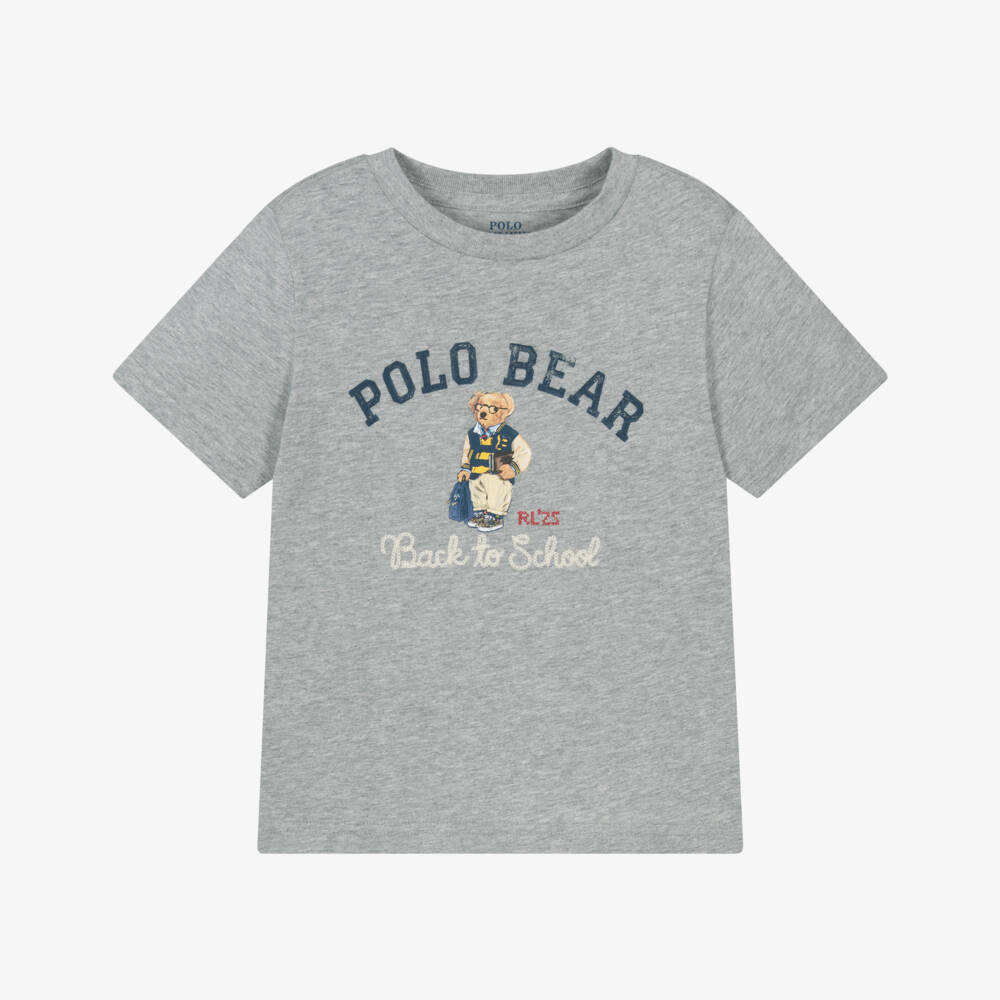 Ralph Lauren-Boys Grey Marl School Polo Bear T-Shirt | Childrensalon Outlet