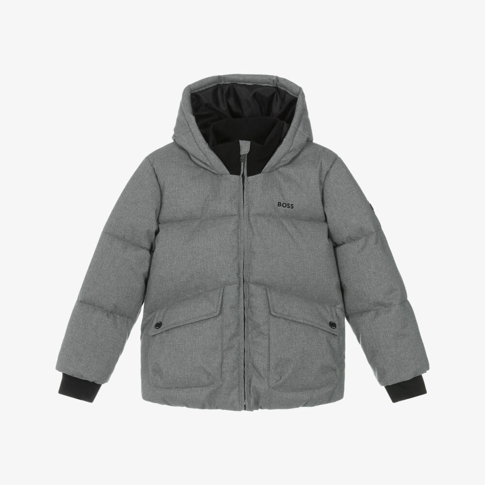 BOSS-Boys Grey Padded Hooded Jacket | Childrensalon Outlet