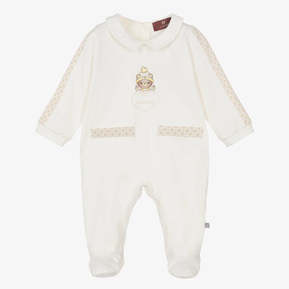 AIGNER-Boys Ivory & Beige Pima Cotton Teddy Babygrow | Childrensalon Outlet