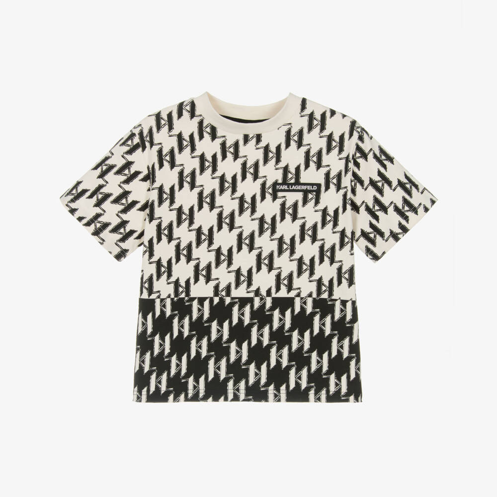 KARL LAGERFELD KIDS-Boys Ivory & Black Cotton Monogram T-Shirt | Childrensalon Outlet