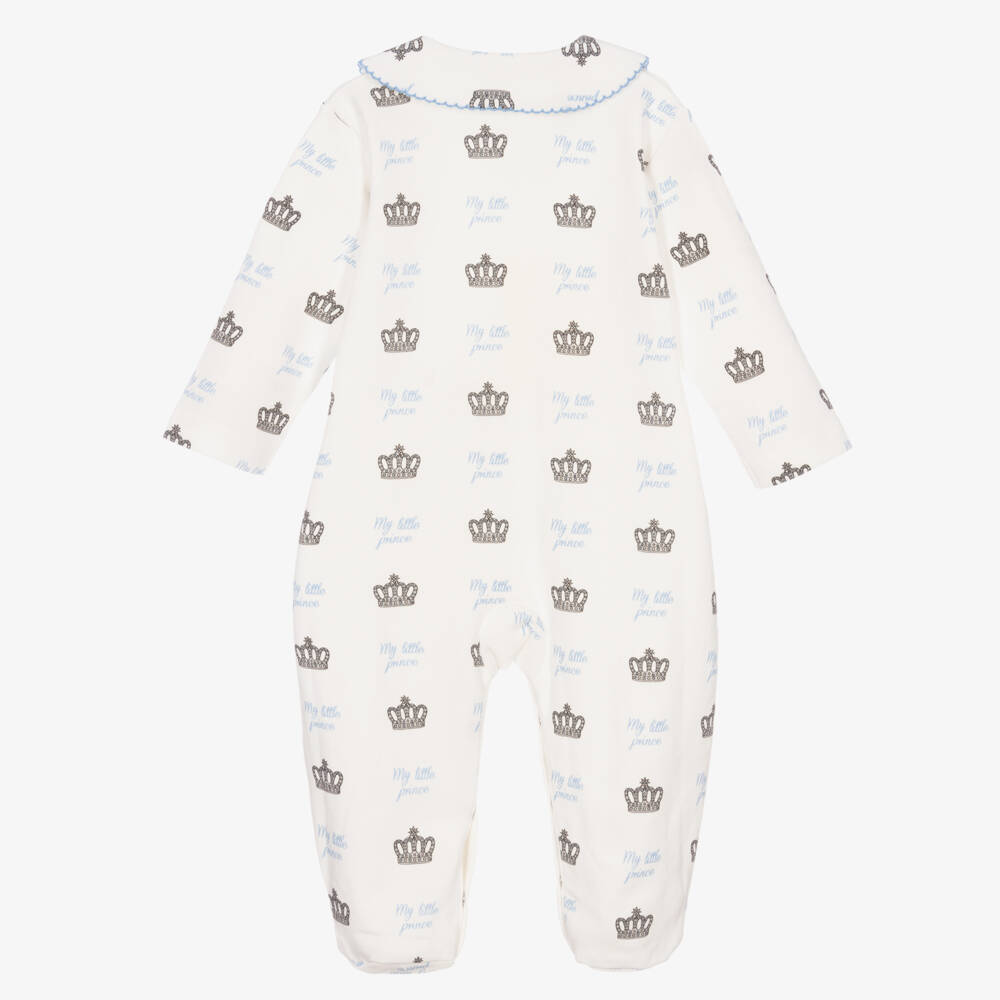 Rachel Riley-Boys Ivory & Blue Cotton Crown Babygrow | Childrensalon Outlet