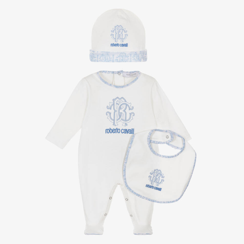 Roberto Cavalli-Boys Ivory & Blue Cotton RC Monogram Logo Babysuit Set | Childrensalon Outlet