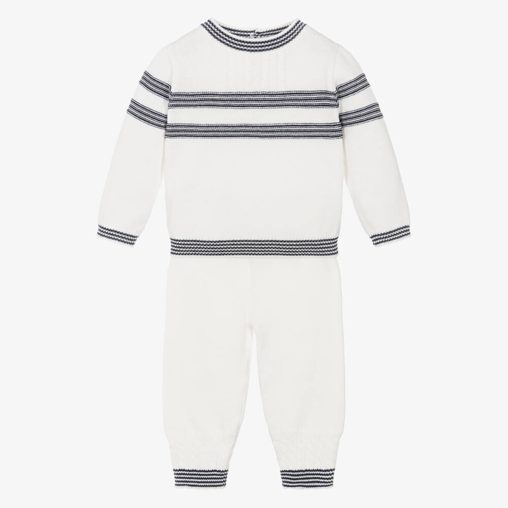 Sarah Louise-Boys Ivory & Blue Stripe Cotton Knit Trouser Set | Childrensalon Outlet