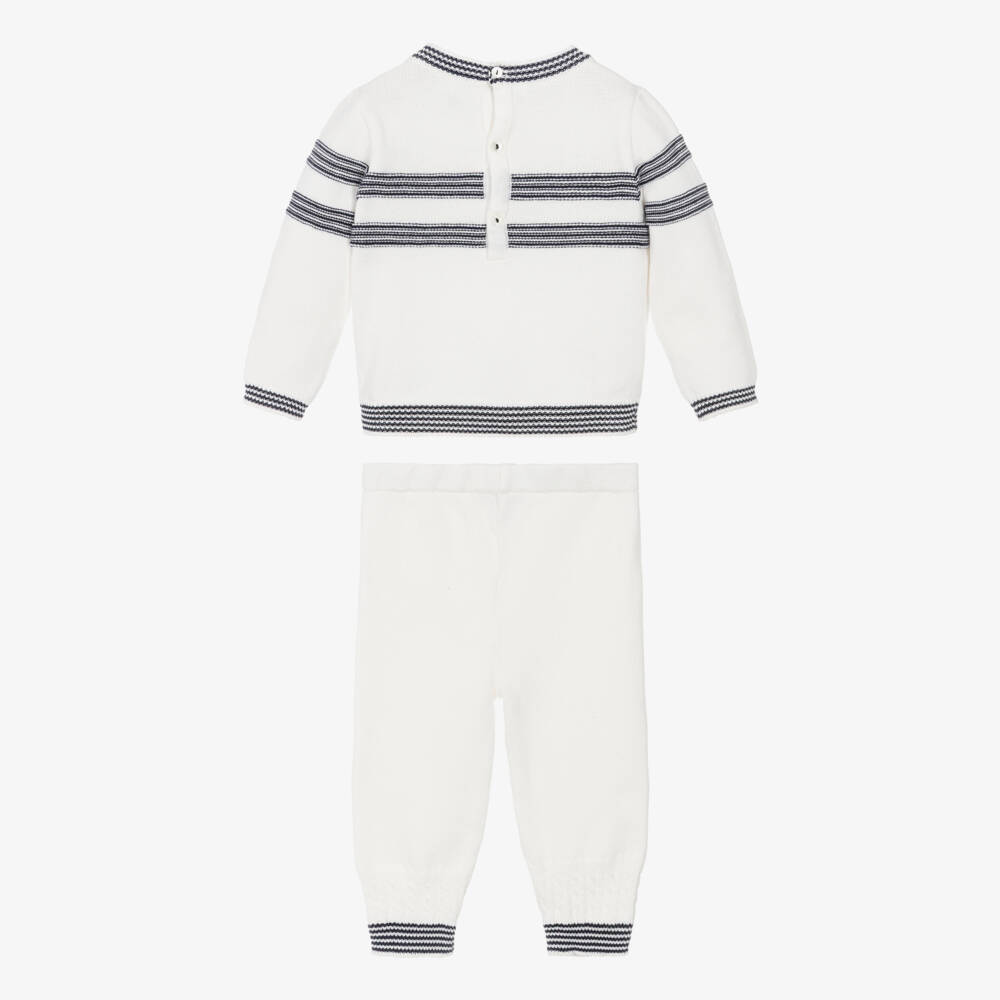 Sarah Louise-Boys Ivory & Blue Stripe Cotton Knit Trouser Set | Childrensalon Outlet