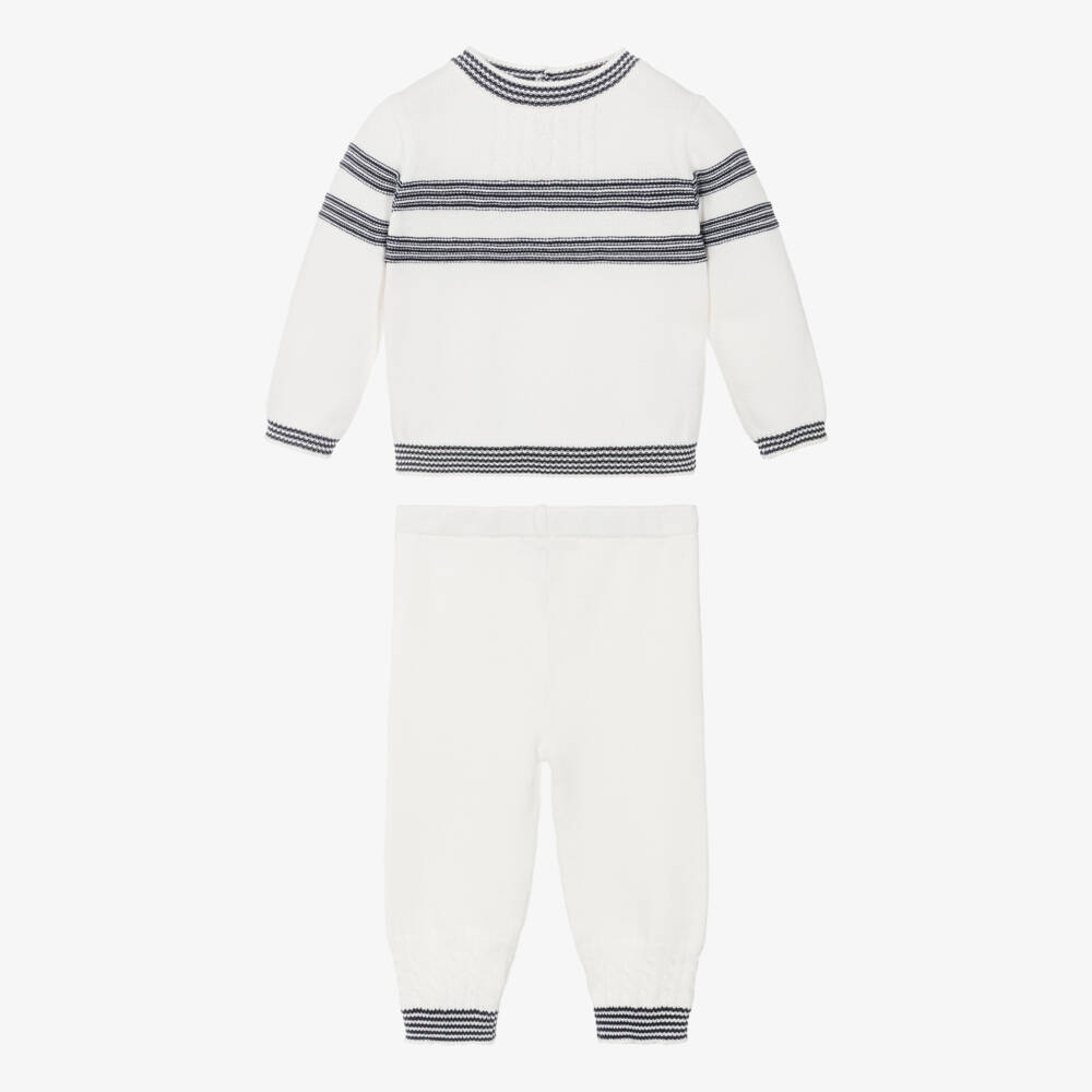 Sarah Louise-Boys Ivory & Blue Stripe Cotton Knit Trouser Set | Childrensalon Outlet