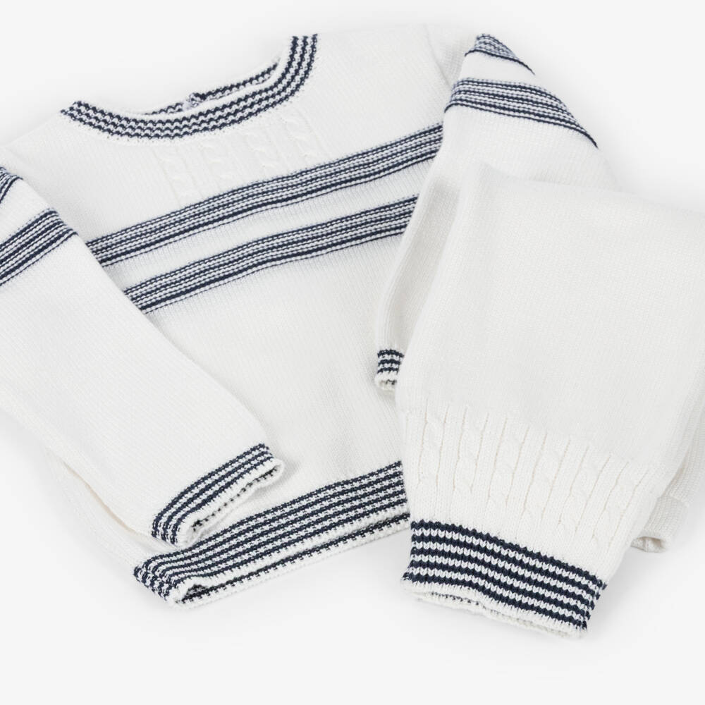 Sarah Louise-Boys Ivory & Blue Stripe Cotton Knit Trouser Set | Childrensalon Outlet