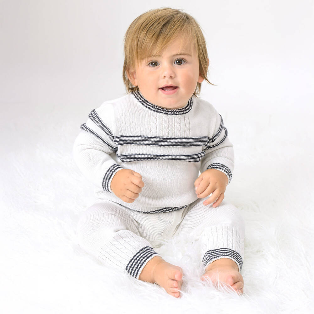 Sarah Louise-Boys Ivory & Blue Stripe Cotton Knit Trouser Set | Childrensalon Outlet