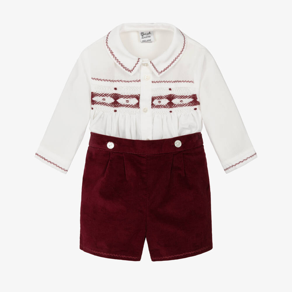 Sarah Louise-Boys Ivory & Burgundy Cotton & Velvet Buster Suit | Childrensalon Outlet