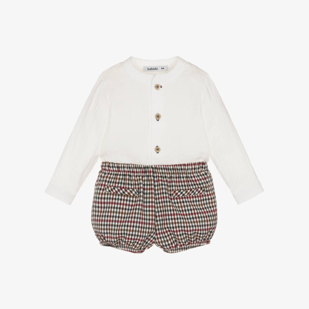 Babidu-Boys Ivory & Burgundy Red Check Cotton Shorts Set | Childrensalon Outlet