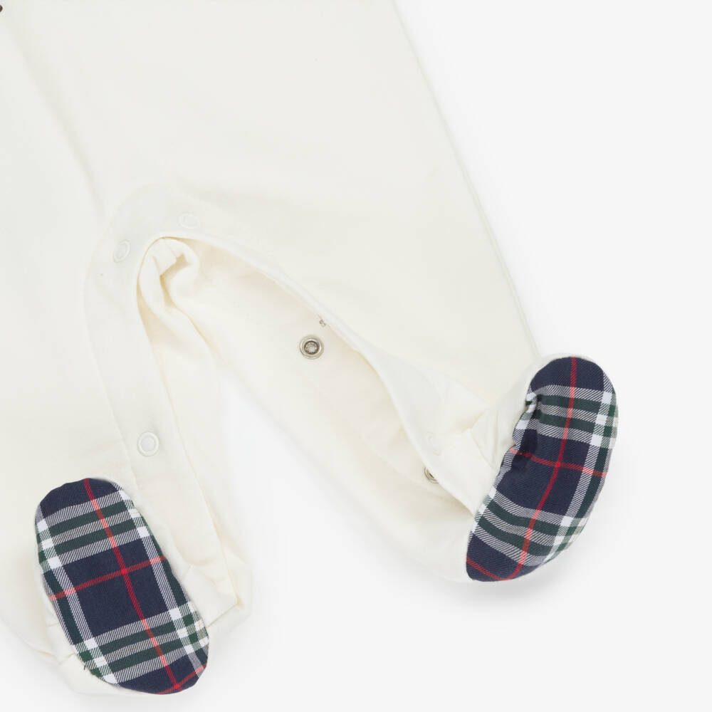 Lapin House-Boys Ivory Cotton Babygrow with Tartan Trims | Childrensalon Outlet