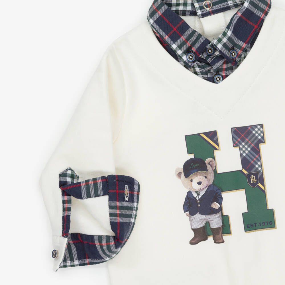 Lapin House-Boys Ivory Cotton Babygrow with Tartan Trims | Childrensalon Outlet