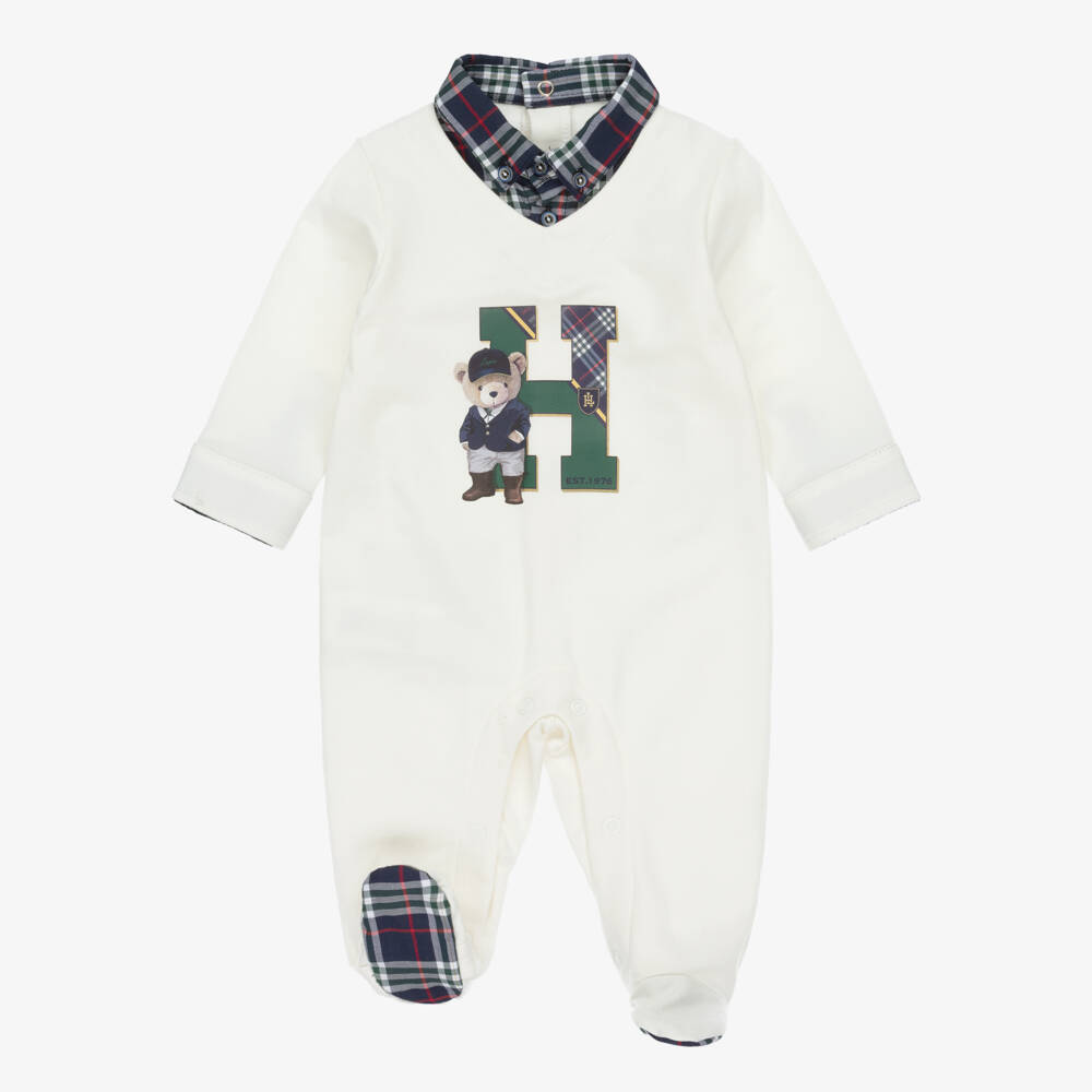 Lapin House-Boys Ivory Cotton Babygrow with Tartan Trims | Childrensalon Outlet