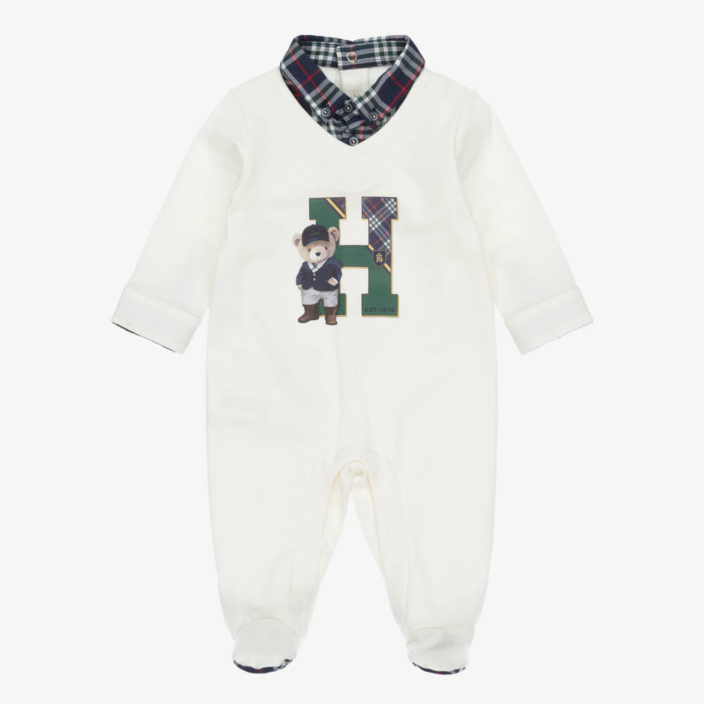 Lapin House-Boys Ivory Cotton Babygrow with Tartan Trims | Childrensalon Outlet