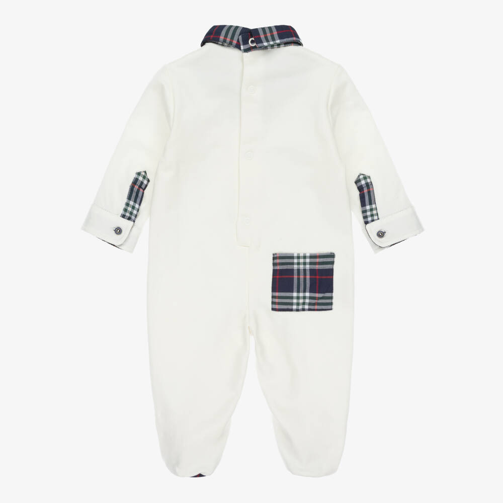 Lapin House-Boys Ivory Cotton Babygrow with Tartan Trims | Childrensalon Outlet