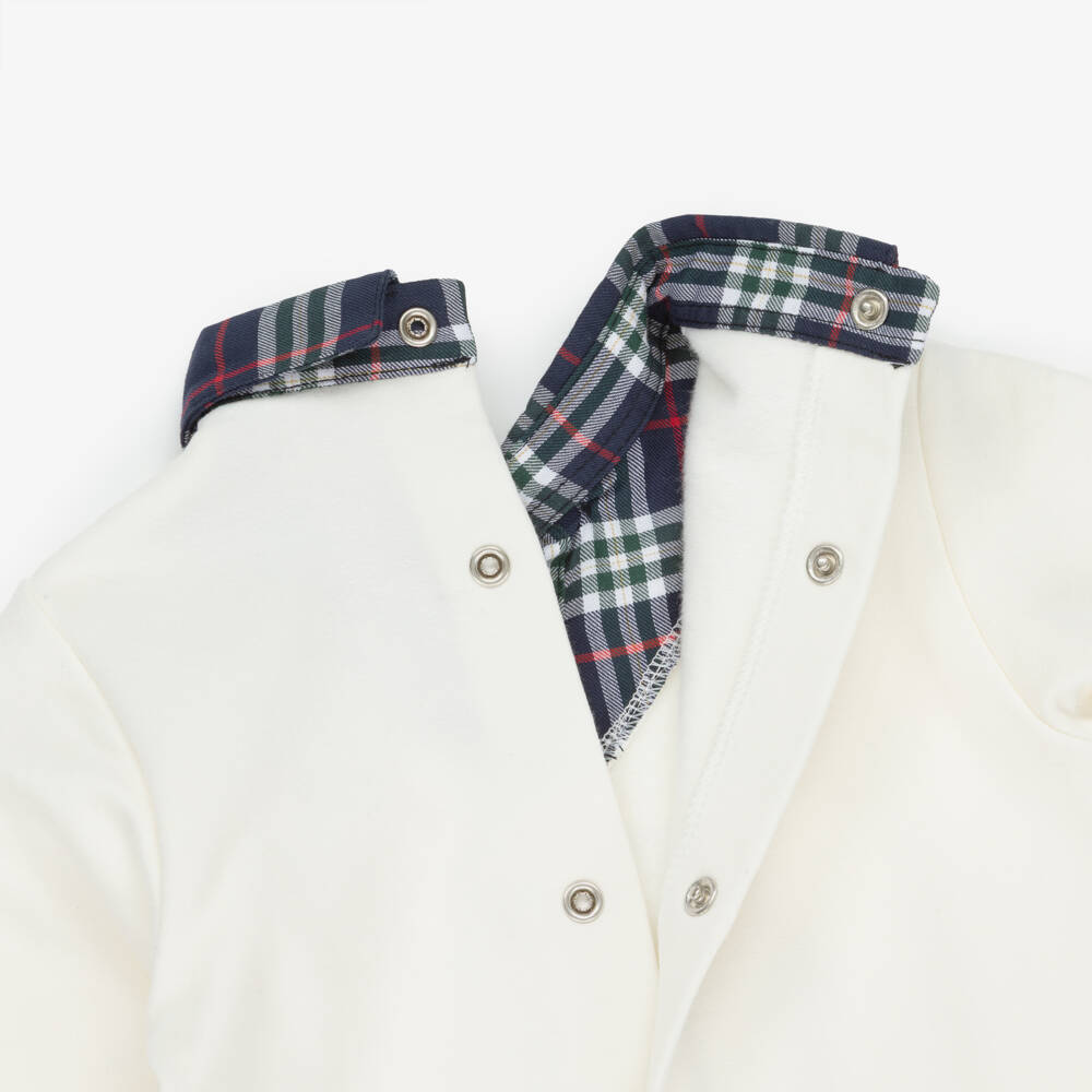 Lapin House-Boys Ivory Cotton Babygrow with Tartan Trims | Childrensalon Outlet