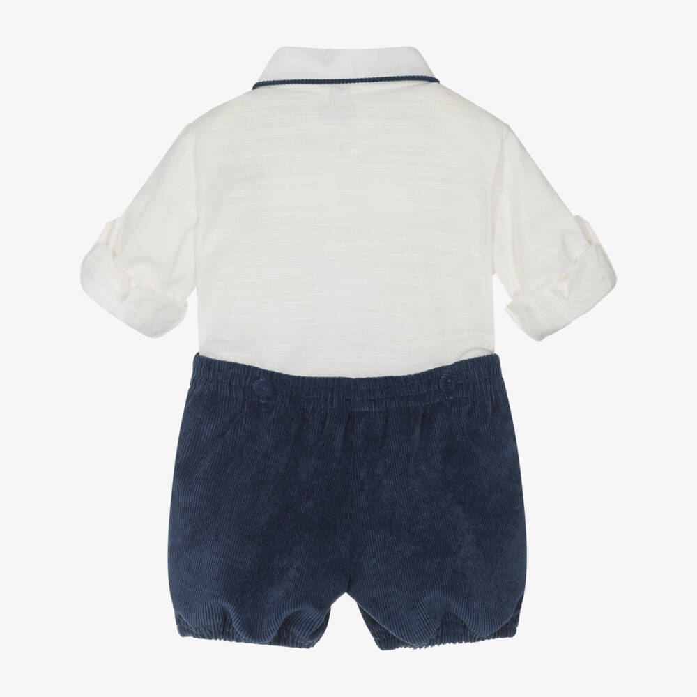Pretty Originals-Boys Ivory Cotton & Blue Corduroy Buster Suit | Childrensalon Outlet