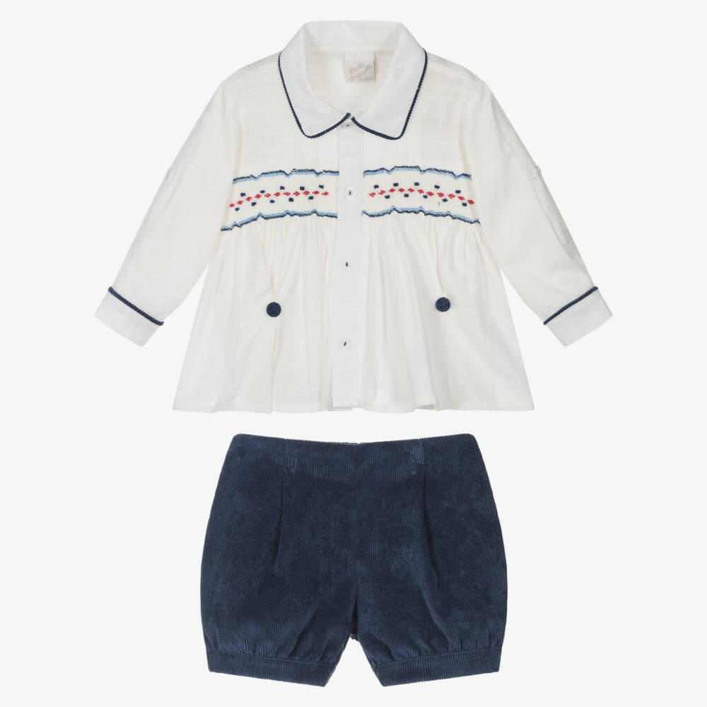 Pretty Originals-Boys Ivory Cotton & Blue Corduroy Buster Suit | Childrensalon Outlet