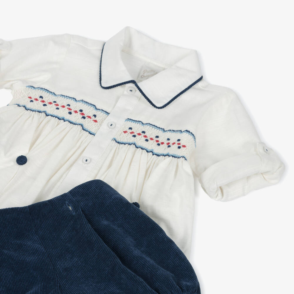 Pretty Originals-Boys Ivory Cotton & Blue Corduroy Buster Suit | Childrensalon Outlet