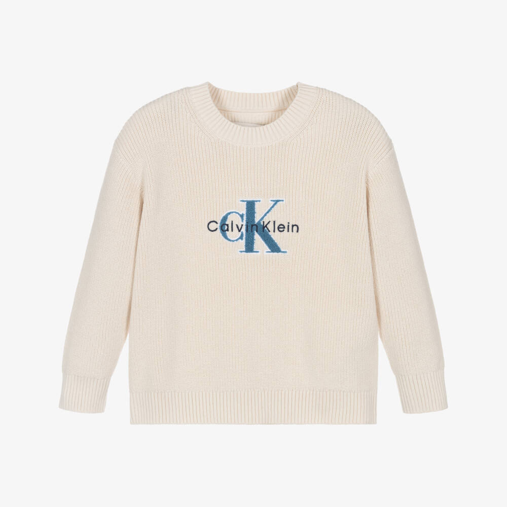 Calvin Klein-Boys Ivory Cotton Knit Sweater with Blue Bouclé Monogram Logo | Childrensalon Outlet