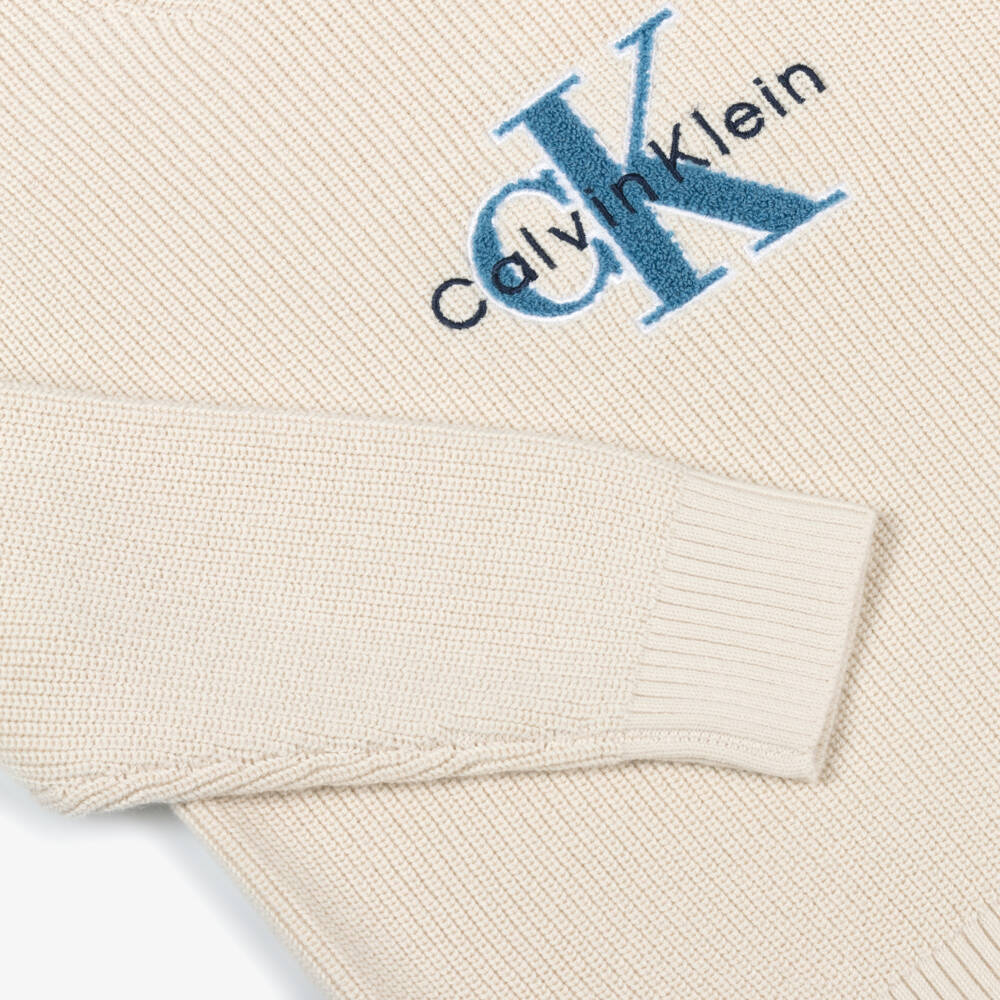 Calvin Klein-Boys Ivory Cotton Knit Sweater with Blue Bouclé Monogram Logo | Childrensalon Outlet