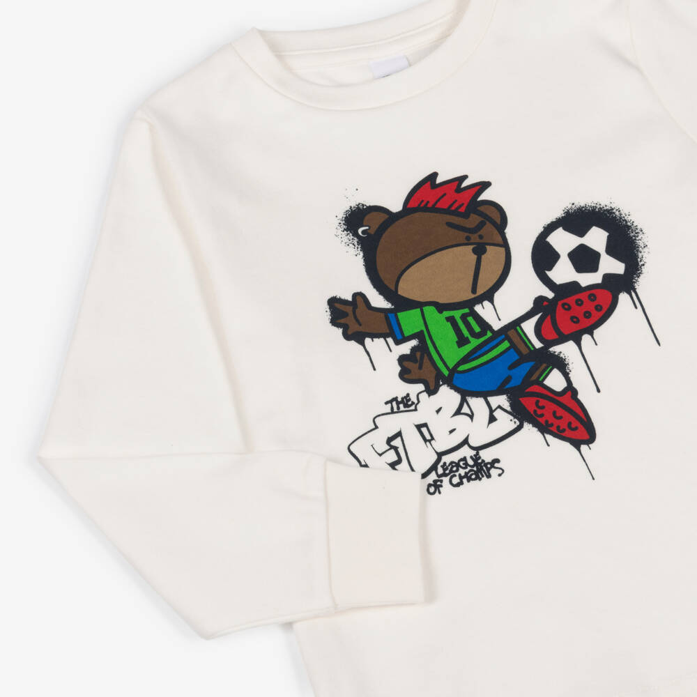 iDO-Boys Ivory Cotton Long Sleeve Top with Football Bear Motif | Childrensalon Outlet