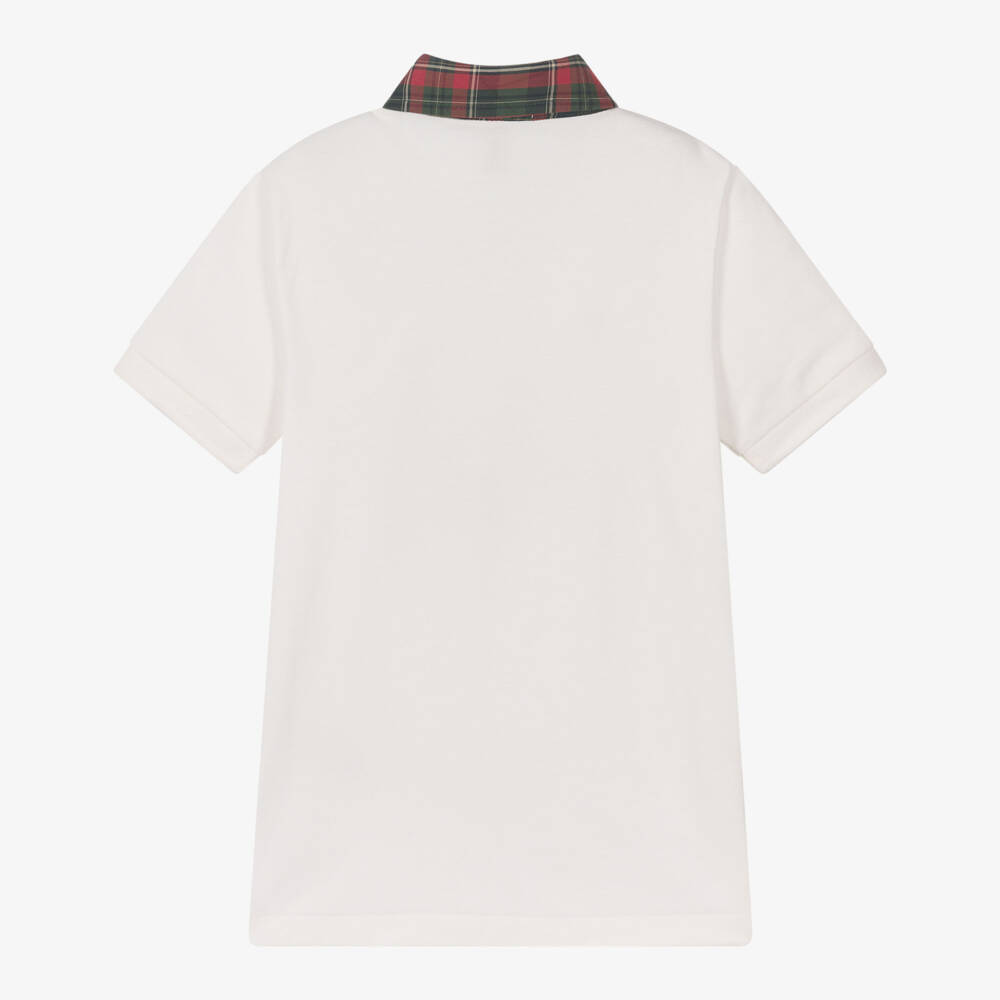 Ralph Lauren-Boys Ivory Cotton Piqué Polo Shirt with Tartan Collar | Childrensalon Outlet