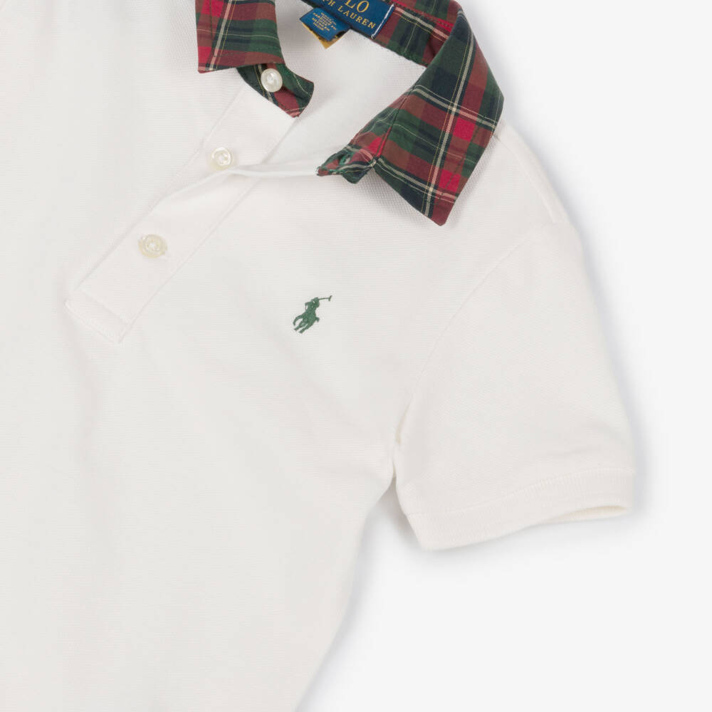 Ralph Lauren-Boys Ivory Cotton Piqué Polo Shirt with Tartan Collar | Childrensalon Outlet