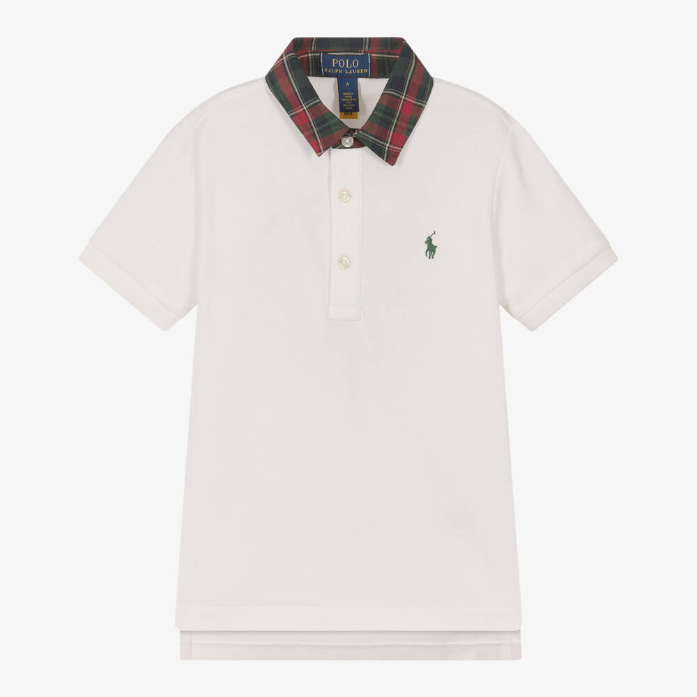 Ralph Lauren-Boys Ivory Cotton Piqué Polo Shirt with Tartan Collar | Childrensalon Outlet