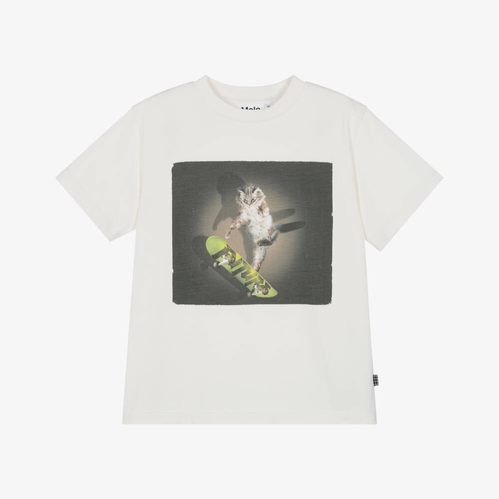 Molo-Boys Ivory Cotton Skateboarding Cat T-Shirt | Childrensalon Outlet