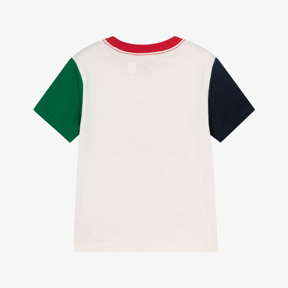 Ralph Lauren-Boys Ivory Cotton T-Shirt with Colourblock Sleeves | Childrensalon Outlet