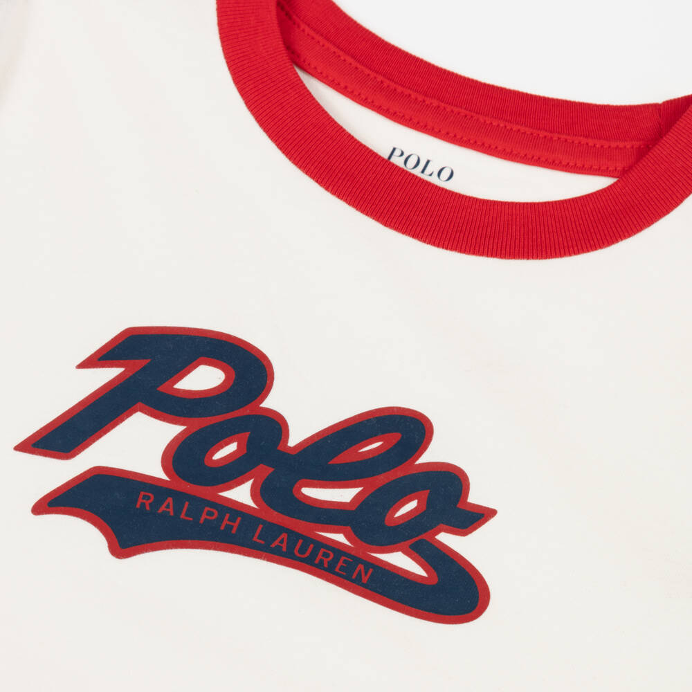 Ralph Lauren-Boys Ivory Cotton T-Shirt with Colourblock Sleeves | Childrensalon Outlet