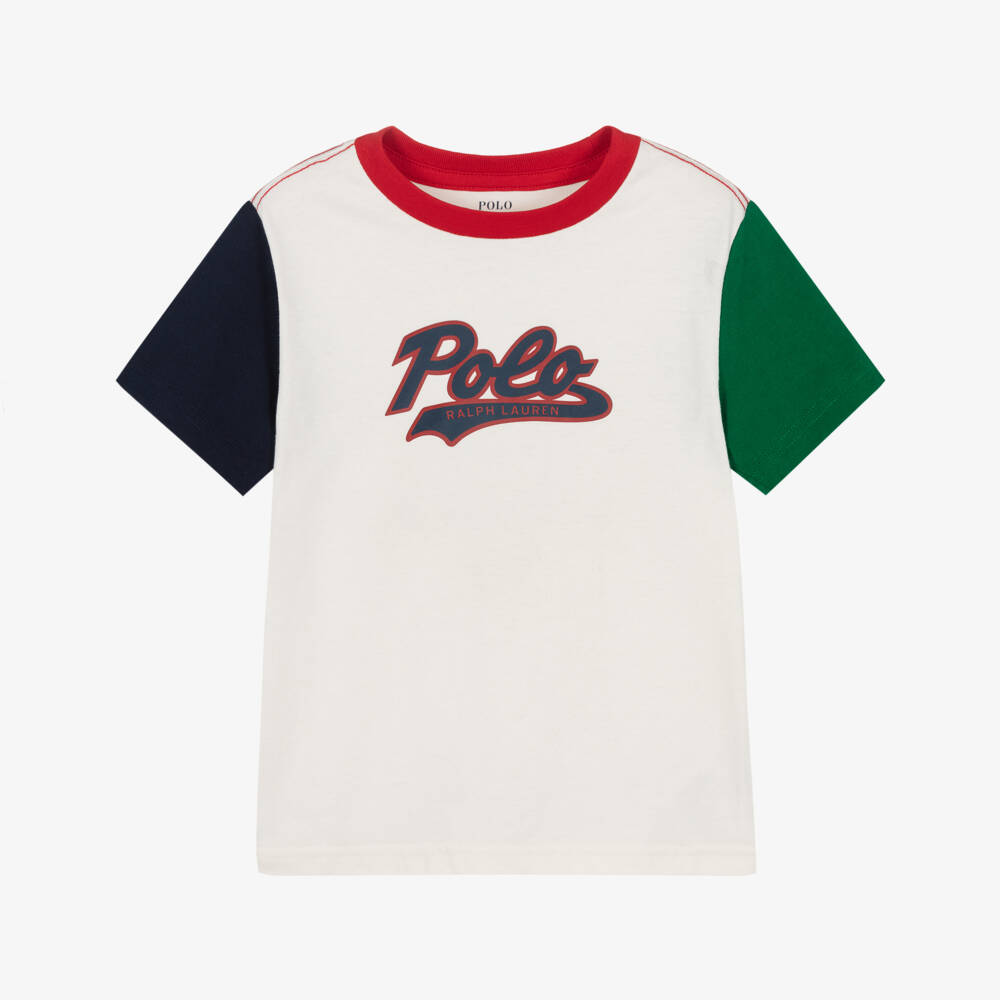 Ralph Lauren-Boys Ivory Cotton T-Shirt with Colourblock Sleeves | Childrensalon Outlet