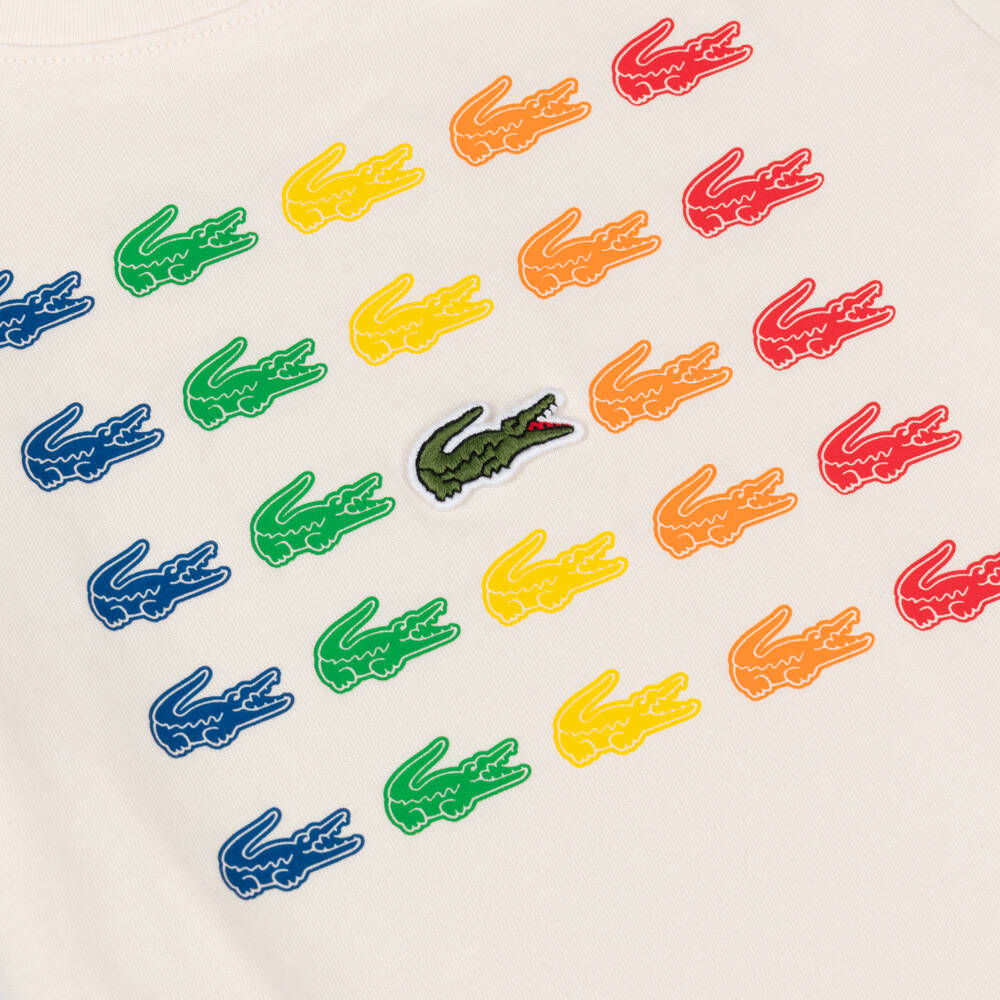 Lacoste-Boys Ivory Cotton T-Shirt with Colourful Logos | Childrensalon Outlet