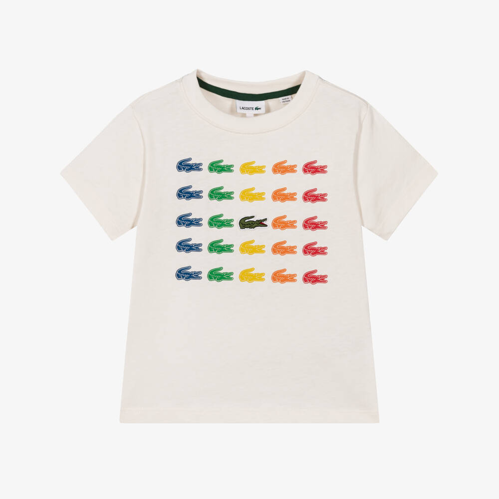 Lacoste-Boys Ivory Cotton T-Shirt with Colourful Logos | Childrensalon Outlet